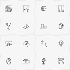 Decor line icon set with books, curtains and chandelier
