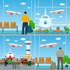 Set of Airport Image,  Waiting Room with People and Luggage Bags , Airplane Arrives and Fly away from Airport Terminal, Vector Illustration