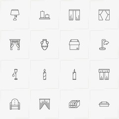 Decor line icon set with floor lamp, armchair and jug