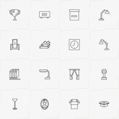 Decor line icon set with trophy, wall clock  and curtains