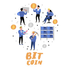 Bitcoin Concept with Flat Cartoon Characters. Crypto Currency Virtual Money. Bitcoin Mining, Electronic Finance. Vector illustration