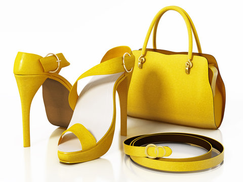 Yellow Handbag, Shoes And Belt Isolated On White Background. 3D Illustration