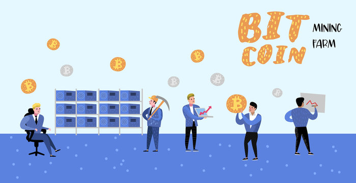 Bitcoin Concept with Flat Cartoon Characters Poster, Banner. Crypto Currency Virtual Money. Bitcoin Mining, Electronic Finance. Vector illustration