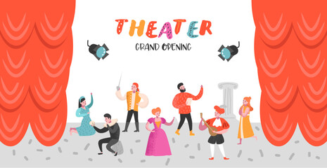 Theater Actor Characters Set. Flat People Theatrical Stage Poster. Artistic Perfomances Man and Woman. Vector illustration - obrazy, fototapety, plakaty