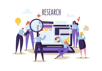Business Research and Analysis Concept. Flat Characters People with Laptop. Teamwork Innovation Financial Strategy. Vector illustration