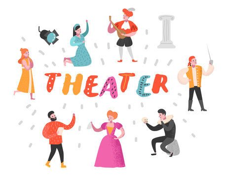Theater Actor Characters Set. Flat People Theatrical Perfomances. Artistic Man and Woman on Stage. Vector illustration