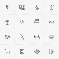 Delivery line icon set with mobile payment, worldwide delivery  and fire