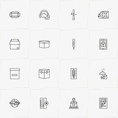 Delivery line icon set with thermometer, parcel box  and delivery invoice