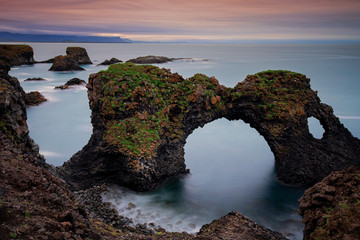 Long exposure of Gatklettur arch rock near Hellnar ,Snaefellsnes Peninsula ,Iceland.