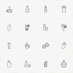 Drink line icon set with cocktail, glass and cup of tea