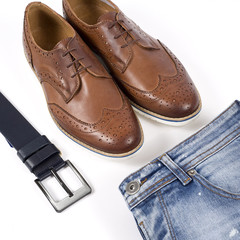 Men's outfits. Clothes shop top view concept