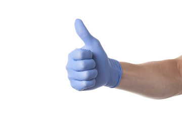 Hand in blue glove isolated on white with thumb up.