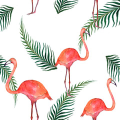 Watercolor card of tropical leaves and the pink Flamingo isolated on white background.