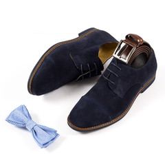 Set of male stylish clothes on white background, leather belt, shoes and bow tie