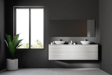 Fototapeta na wymiar Double sink white wooden shelf, mirror and plant