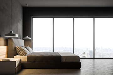 Concrete loft bedroom interior, side view