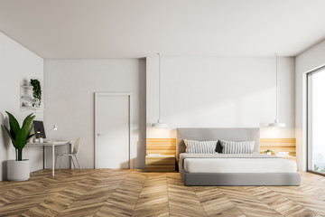 Wooden floor bedroom interior, front view