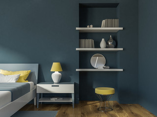 Gray bedroom corner, bookcase