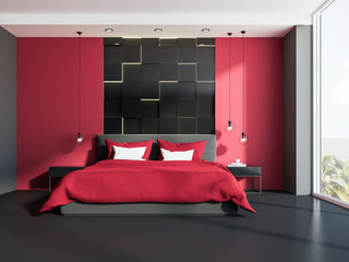 Red and gray bedroom interior