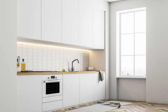 White kitchen countertops, side view