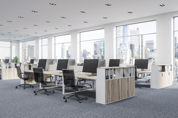 Panoramic company office cubicles, wood - obrazy, fototapety, plakaty