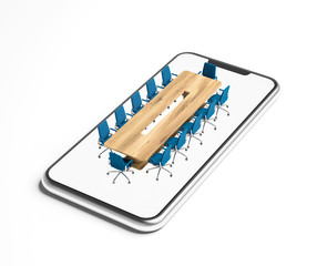 Wooden meeting room table model on a smartphone