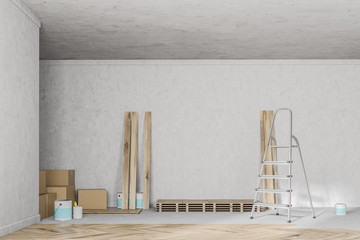 Empty room with unfinished wooden floor, ladder © ImageFlow