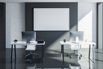 Horizontal mock up poster in manager office, white