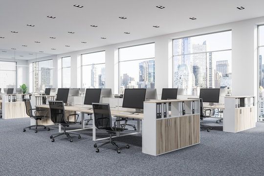 Panoramic company office cubicles, wood