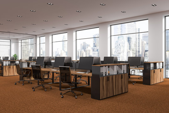 Brown carpet startup panoramic office corner
