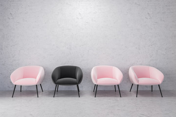 Pink and black armchairs, empty concrete room