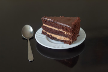 White plate with a piece of chocolate cake