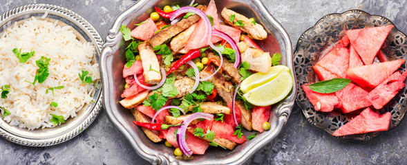 Meat salad with watermelon