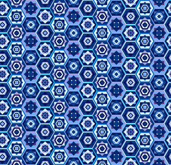 Blue geometric seamless pattern with hexagons and squares, east stile, marrakesh. Fashion carpet motif ethnic texture for textile, wallpapers, tiles, cloth, gift wrapping paper