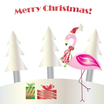 christmas flamingo vector - merry christmas card - greeting card 