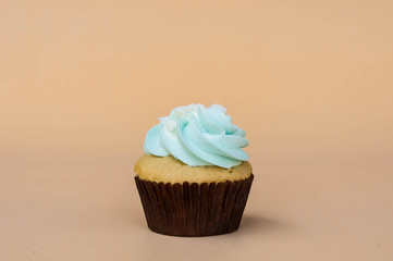 sweet cup cake dessert on yellow background and copy space