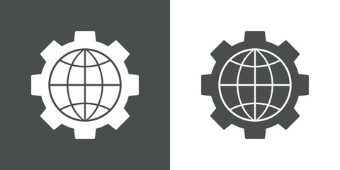 Icono plano engranaje con mundo en gris y blanco © teracreonte