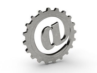 The dog, image of metal e-mail symbol made of metal, gold, silver and iron in the gear. The idea of an Internet communication mechanism. 3D rendering isolated on white background.