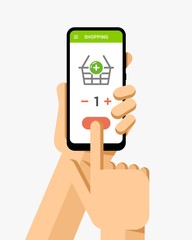 Hand holds the smartphone with online shopping basket. Flat vector modern phone mock-up illustration