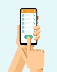 Hand holds the smartphone with online shop application. Flat vector modern phone mock-up illustration