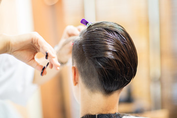 Young woman and hairdresser cuting hair at hairdressing salon. Hairdresser cuts  girl's hair. Hairstylist serving client at barber shop. Professional barber doing hairstyle in barbershop