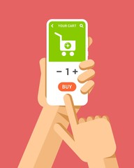 Hand holds the smartphone with online shopping cart. Flat vector modern phone mock-up illustration