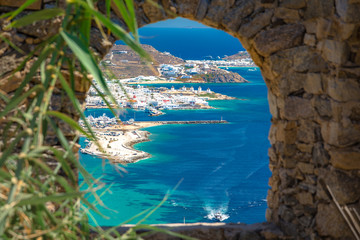 Mykonos port with boats and windmills, Cyclades islands, Greece