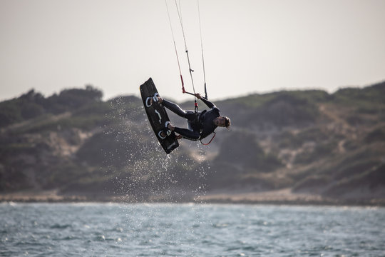 Kitesurfers on the water in Tarifa, Cadiz, Spain. 