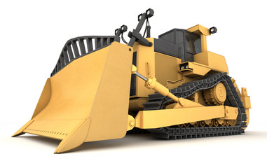 Massive powerful yellow hydraulic bulldozer isolated on white background. 3D illustration. Side view. Wide angle. Perspective © Evgenii Iakovenko
