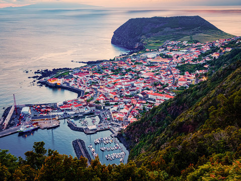 Top down view on the city of velas during sunset