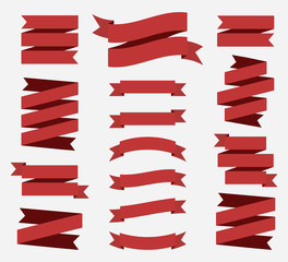 Red flat ribbons banners isolated on white background. Red tapes. Vector illustration.