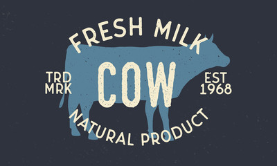 Cow - vintage logo concept. Fresh milk emblem. Cow silhouette. Vintage poster. Logo Template. Vector illustration
