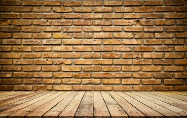 Old wood plank with abstract old brick wall background for product display 