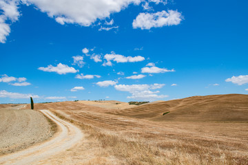 Tuscany holidays. Italy holidays tuscany. Summer landscape in Tuscany with fields, blue sky, cypress and road, Italy, Europe. Vacation in beautiful Italy.